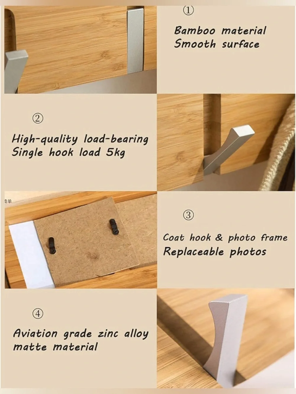 New in plastic 4 Wooden Photo Frame Coat Rack in Natural white tan wood